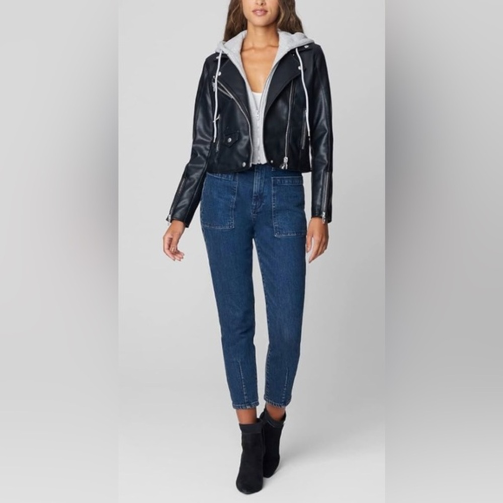 BLANKNYC Vegan Leather Moto Jacket With Removable gray Hood biker Jacket size XS